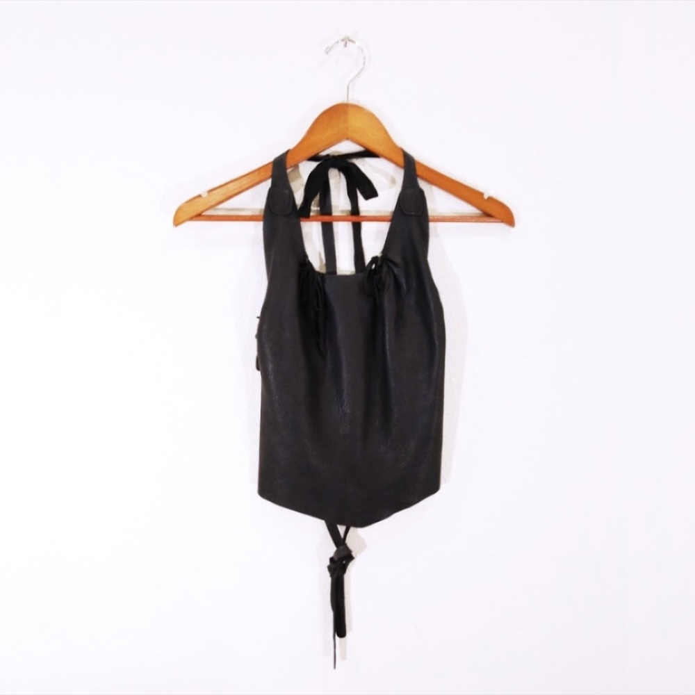 Black Tie Back Leather Strap Halter Tank